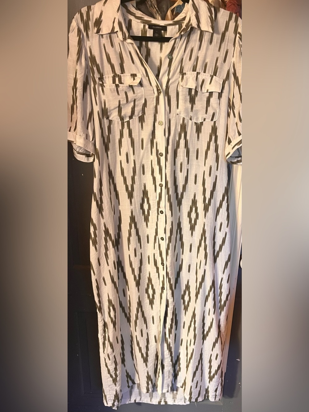 Halogen White & Olive Patterned Midi Shirt Dress